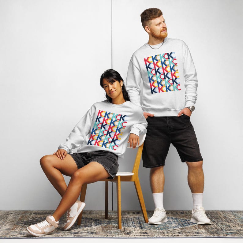 Kansas City Sports KC Crewneck Sweatshirt | Multi-Color KC Pattern | Kansas City Team Colors Hoodie | Unisex Black, White, Ash