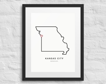Impresión artística de Kansas City, Missouri / Estado con corazón, decoración enmarcada de KC