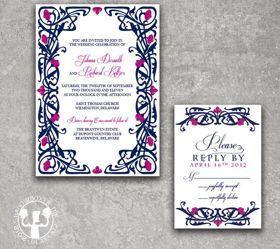 Deco Garden Navy Fuschia Wedding Invitation Etsy