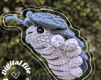 May include: A crochet plush toy shaped like an isopod with a dark grey segmented shell and a light grey body. It features large black eyes and antennae. The image includes white line art, hearts, the text Crochet from Mars, and Digital file PDF only.
