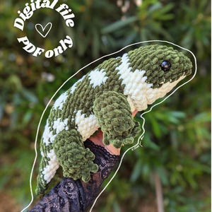Peut inclure: Un jouet en peluche lézard au crochet avec un motif texturé en fil vert olive foncé et blanc crème. La créature a une tête arrondie, une longue queue et de petits membres. Le texte "Digital file PDF only" est imprimé en blanc en haut à gauche.