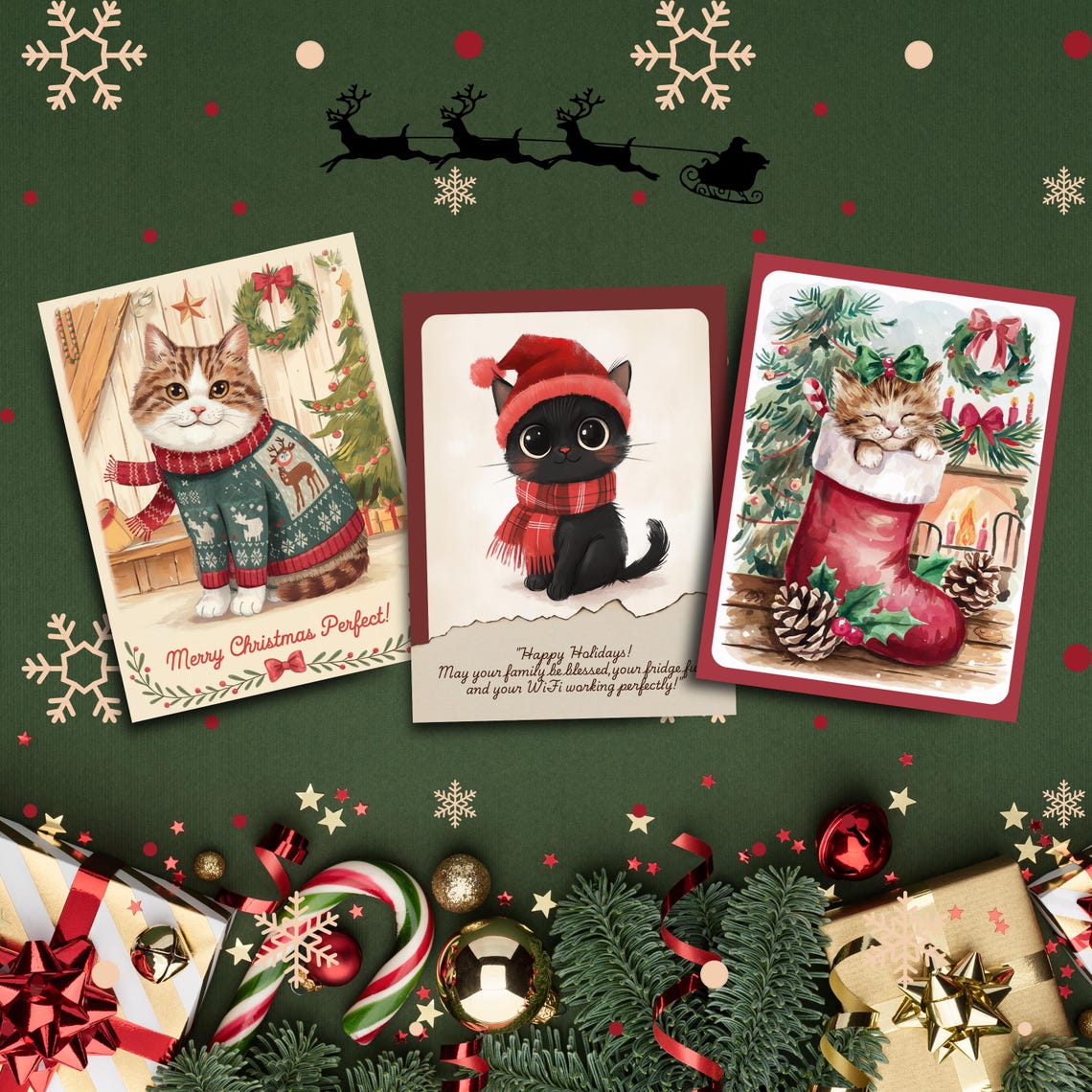 Set of 8 Cute Christmas Cat Cards | Cat-themed Holiday Cards ...