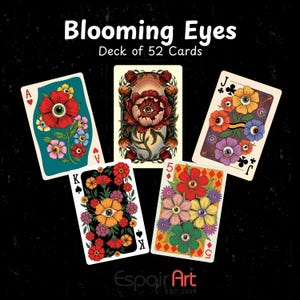 Mazzo di carte da gioco retrò Blooming Eyes - Download digitale, design floreale e con occhi in formato SVG, dorso in stile vintage, perfetto per la stampa artigianale
