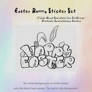 Può includere: Design di arte di linea in bianco e nero di un coniglio con le parole "Buona Pasqua" in un font stilizzato. Il design è perfetto per creare adesivi stampabili per le vacanze di primavera.