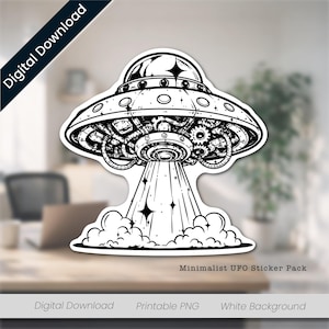 Może przedstawiać: Czarno-biały wzór naklejki przedstawiający szczegółowe UFO z mechanicznymi kołami zębatymi i rurami widocznymi pod spodkiem. Promień światła rozciąga się od środka statku w dół do chmury dymu, ozdobiony małymi kształtami gwiazd.