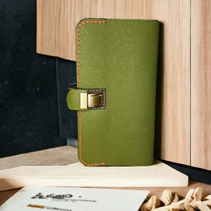 Luxurious Handmade Olive Green Leather Wallet with Gold Buckle