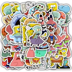 Set of 60 Funny Sea Sponge Stickers Bob Waterproof Square Vinyl Pants Pack for Laptop Water Bottle Phone Scrapbook Party Decor Cartoon Gift