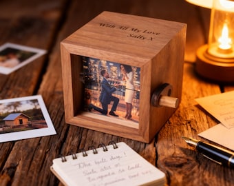 Walnut Hand Crank Photo Flip Box with Light, Personalized 5th Anniversary Keepsake