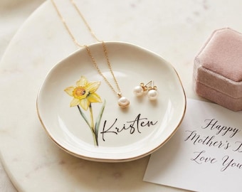 Portagioie personalizzato con fiore di nascita, portagioie personalizzato con acquerello, regalo per la mamma, regalo per damigella d'onore, regalo di compleanno per lei