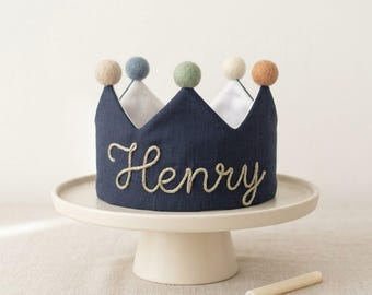 Hand Embroidered Linen Crown for Kids and Children's Birthdays, Personalized Gifts | Keepsake for First Birthday Party | Neutral Birthday