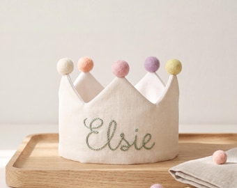 Personalized Linen Birthday Crown for Kids, Hand Embroidered Name Crown, First Birthday Gift, Neutral Fabric Party Hat, Keepsake