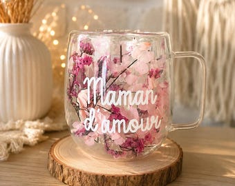 Personalized double-walled glass mug with dried flowers, name design, Mother's Day gift, handmade, perfect for mom, grandma, godmother