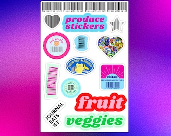 Cartela de adesivos de frutas e verduras, 10x15 cm, adesivos para diário de arte, adesivos para scrapbook, adesivos de código de barras, adesivos de vinil