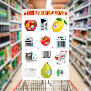 Supermarket Sticker Sheet, Junk Journal Stickers, Scrapbook Stickers, grocery stickers, shopping stickers, fruit stickers, Vinyl stickers
