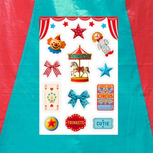 Circus Trinkets Sticker Sheet, Junk Journal Stickers, Scrapbook Stickers, circus stickers, trinket stickers, carnival, Vinyl stickers