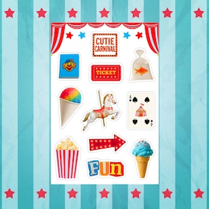 Carnival Sticker Sheet, Junk Journal Stickers, Scrapbook Stickers, circus sticker, county fair stickers, summer stickers, Vinyl stickers