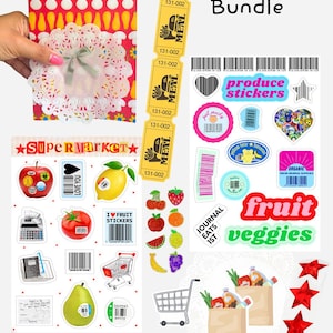 Bundel boodschappencollectie, kit voor junkjournal, stickervellen produceren, stickers voor boodschappen, barcodestickers, winkelen, benodigdheden voor junkjournal