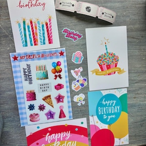 Birthday Sticker Bundle, 4x6 vinyl sticker sheet, birthday Postcards, Birthday sticker sheet, junk journal sticker sheet, junk journal kit
