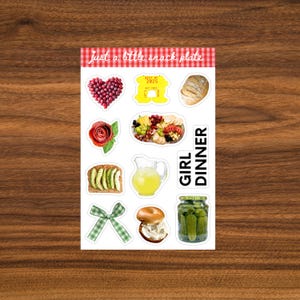 GIRL DINNER 4x6 Sticker Sheet, Scrapbook Stickers, Junk Journal stickers, Vinyl Stickers, Snack Stickers, Charcuterie Stickers, Girl Dinner