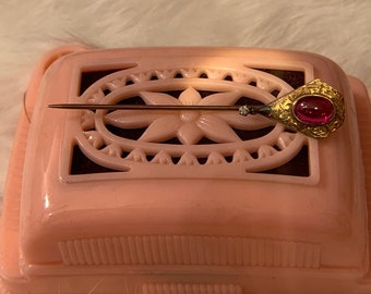 Antique 10k gold synthetic ruby cabochon and single cut diamond stick pin