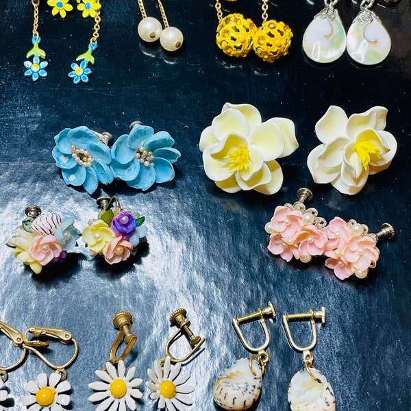 vintage colorful clip on and 1 pair pierced and some screw back floral earrings dangle drop 11 pairs shell, metal, enamel, rhinestones