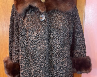 Vintage Brown and Black Curly Persian Lamb Fur Coat With Vintage Brown and Black Curly Persian Lamb Fur Coat With