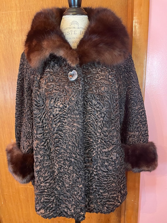 Vintage brown and black curly Persian lamb fur co… - image 1