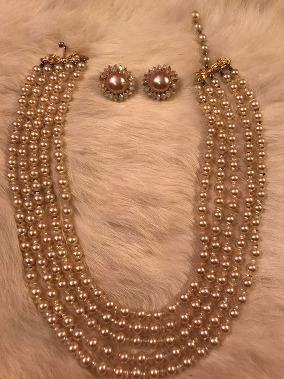 Vintage 5 strand Marvella necklace and matching ea