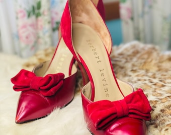 Vintage Herbert Levine red d’orsay leather and suede stiletto heel shoes