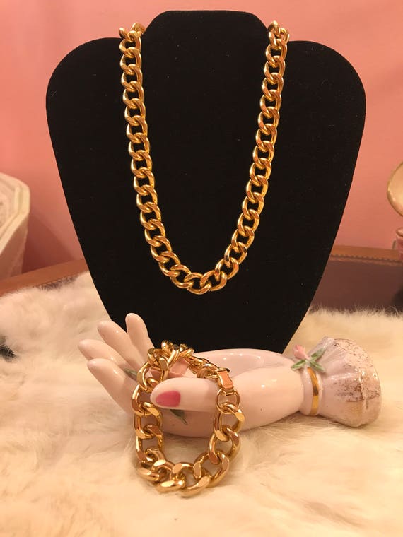 Vintage gold tone large chain link necklace and b… - image 1