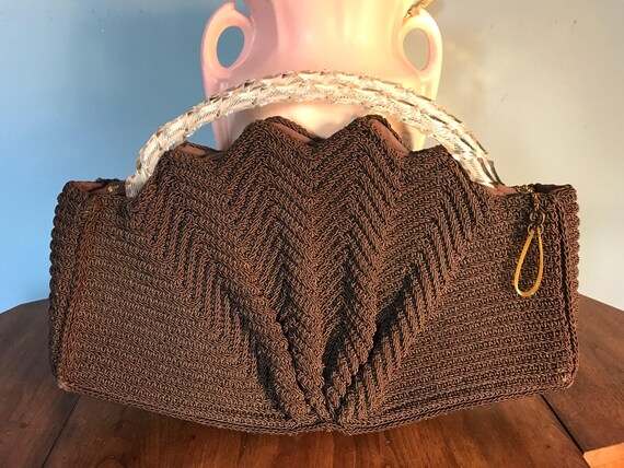 Vintage Handmade crochet handbag with clear lucite