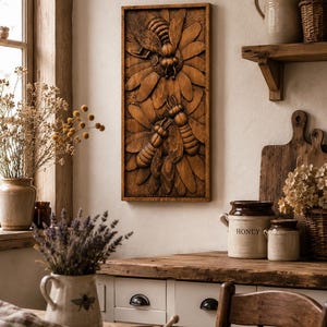 May include: A wooden relief carving of bees and flowers, framed and mounted on a wall. The artwork has a natural wood finish and is displayed in a rustic kitchen setting. The scene includes other decorative items, creating a warm atmosphere.
