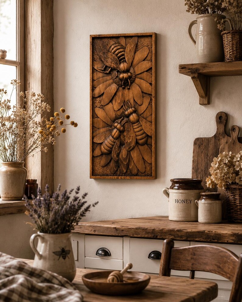 May include: A wooden relief carving of bees and flowers, framed and mounted on a wall. The artwork has a natural wood finish and is displayed in a rustic kitchen setting. The scene includes other decorative items, creating a warm atmosphere.