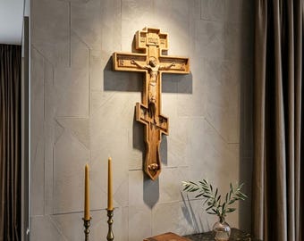 Hand Carved Orthodox Crucifix, Luxury Christian Wall Decor, Handmade Beech Wood Religious Relief, Spiritual Cross Artwork
