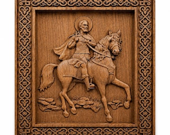 Wood Carved Icon of St Mina, Orthodox Christian Wall Art, Handmade Beech Wood Religious Relief, Spiritual Protection Decor