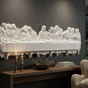White Last Supper Wall Art, Hand Painted Christian Relief, Religious Home Decor, Wedding Gift, Church Interior Statement Sculpture