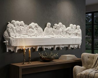 White Last Supper Wall Art, Hand Painted Christian Relief, Religious Home Decor, Wedding Gift, Church Interior Statement Sculpture