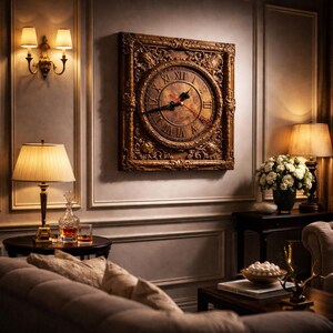 May include: A large, ornate wall clock with Roman numerals and a dark brown, decorative frame. The clock hands are black and red. The clock is mounted on a light gray wall in a room with lamps and a sofa.