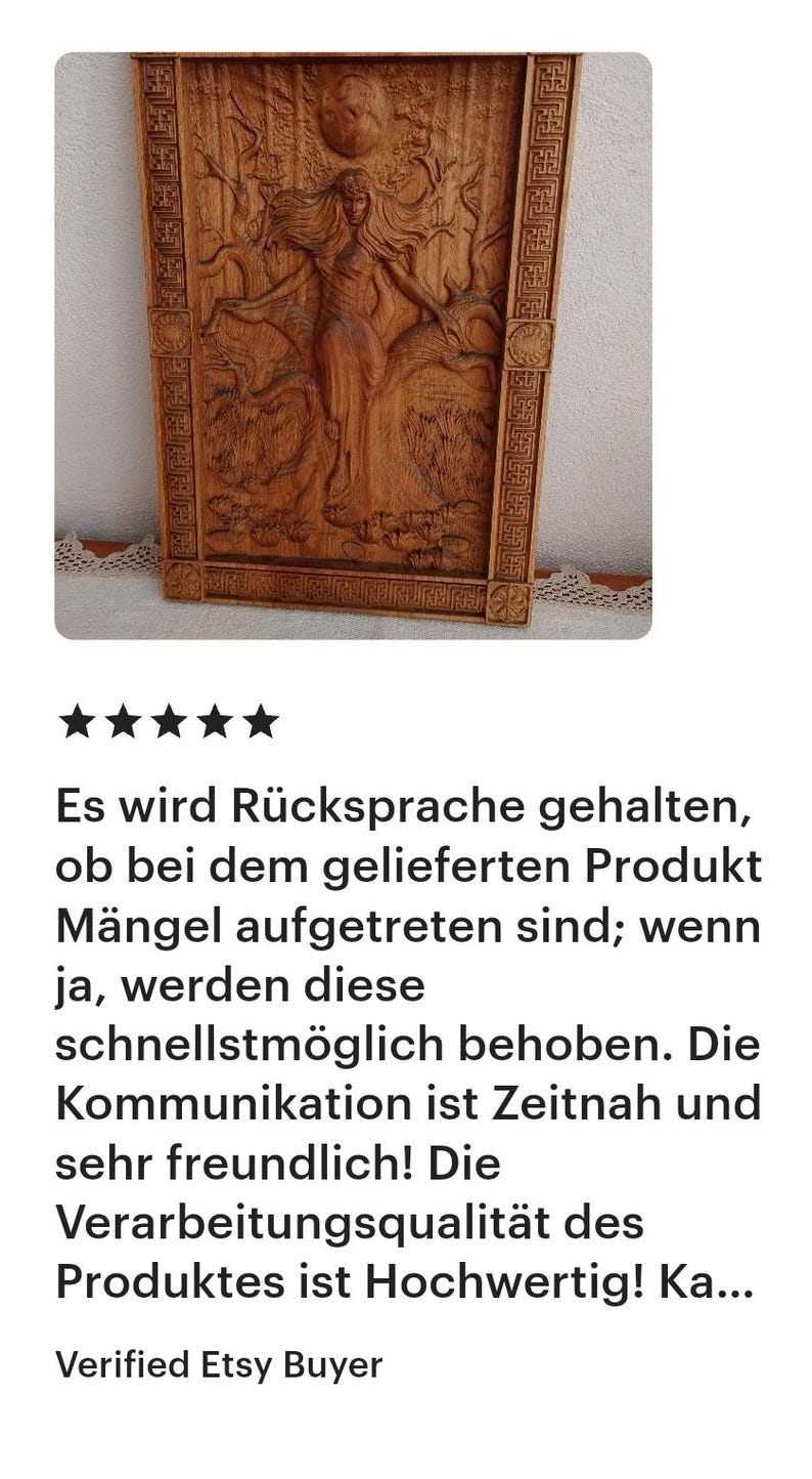 May include: Wooden relief carving depicting a woman in a flowing gown, surrounded by trees and a moon. The carving is framed with decorative borders and has a natural wood finish.