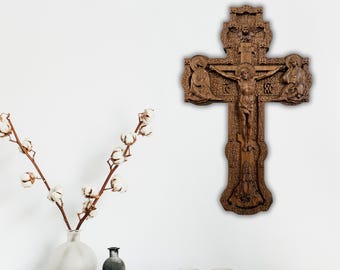 Handgeschnitztes hölzernes kreuz und quer - Wanddekor - Religiöse Christliche Wohnkunst, Rustikales Glaubensgeschenk, Christliche Schnitzerei aus Buchenholz