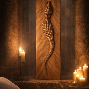 May include: A wooden carving of a crocodile is mounted on a rectangular wooden panel. The crocodile is carved in relief, with detailed scales and a long, curved body. The artwork is displayed in a dimly lit room with candles.