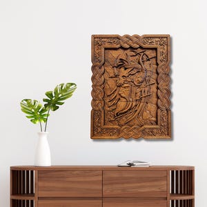 Hand-Carved Viking Wall Art – Norse Warrior Wood Carving – Nordic Decor – Handmade Wooden Panel – Viking Gift – Medieval Wall Art