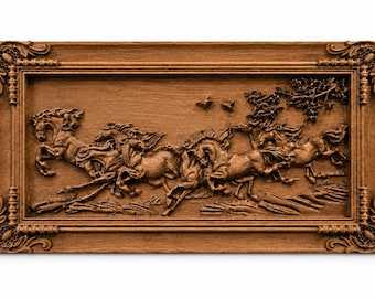 Wild Horses Wood Carving Wall Art | Equestrian Gift for Horse Lover | Western Farmhouse Decor | Running Horses Beech Relief Panel