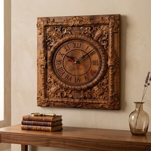 May include: A square, wooden wall clock with an ornate, carved frame. The clock face features Roman numerals and black hands with a red second hand. The clock is mounted on a beige wall above a wooden table.