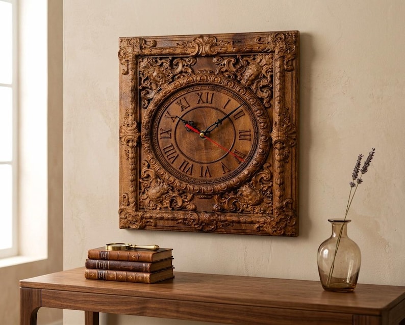 May include: A square, wooden wall clock with an ornate, carved frame. The clock face features Roman numerals and black hands with a red second hand. The clock is mounted on a beige wall above a wooden table.