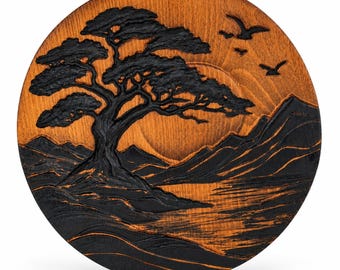 Personalized Anniversary Gift, Carved Wood Wall Art, Custom Engraved Japandi Tree & Sun, Zen Wall Decor, New Home Gift