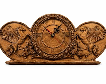 Handcrafted Pegasus Wooden Wall Clock, Mythical Fantasy Decor, Luxury Beech Wood Timepiece, Sculptural Greek Inspired Artwork