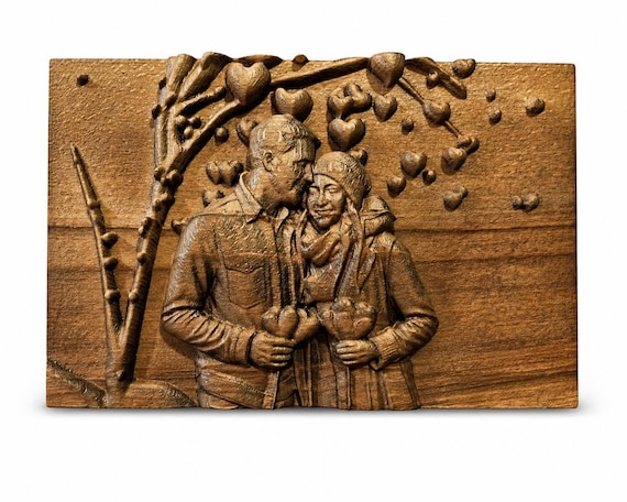 A craftsperson carves a real 3D wooden relief portrait directly from your photo — family faces literally emerge from the wood grain.