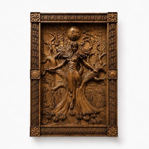 May include: A detailed, wooden relief carving depicting a woman with flowing hair, arms outstretched, integrated into a tree. The artwork is framed with a decorative border and features a celestial sphere above the woman's head.