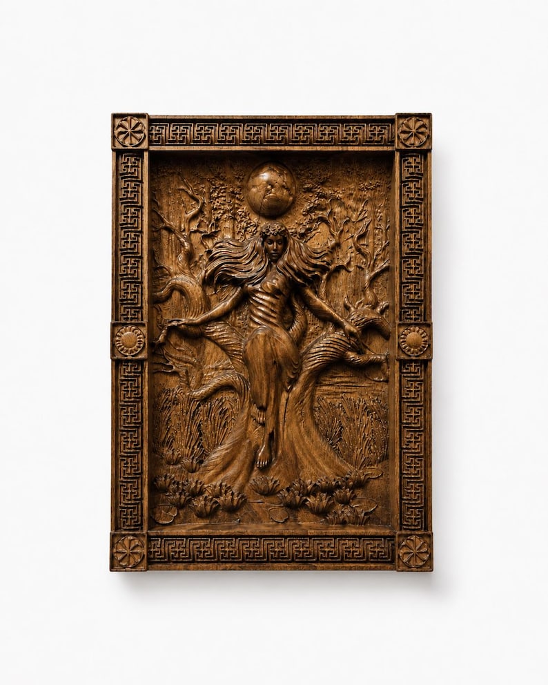 May include: A detailed, wooden relief carving depicting a woman with flowing hair, arms outstretched, integrated into a tree. The artwork is framed with a decorative border and features a celestial sphere above the woman's head.
